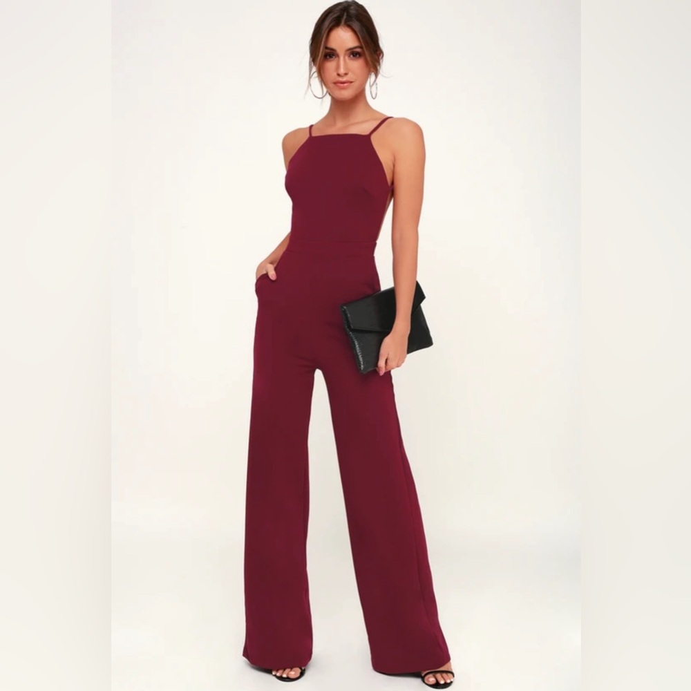 Lulus Something to Behold Burgundy backless Jumpsuit size XS